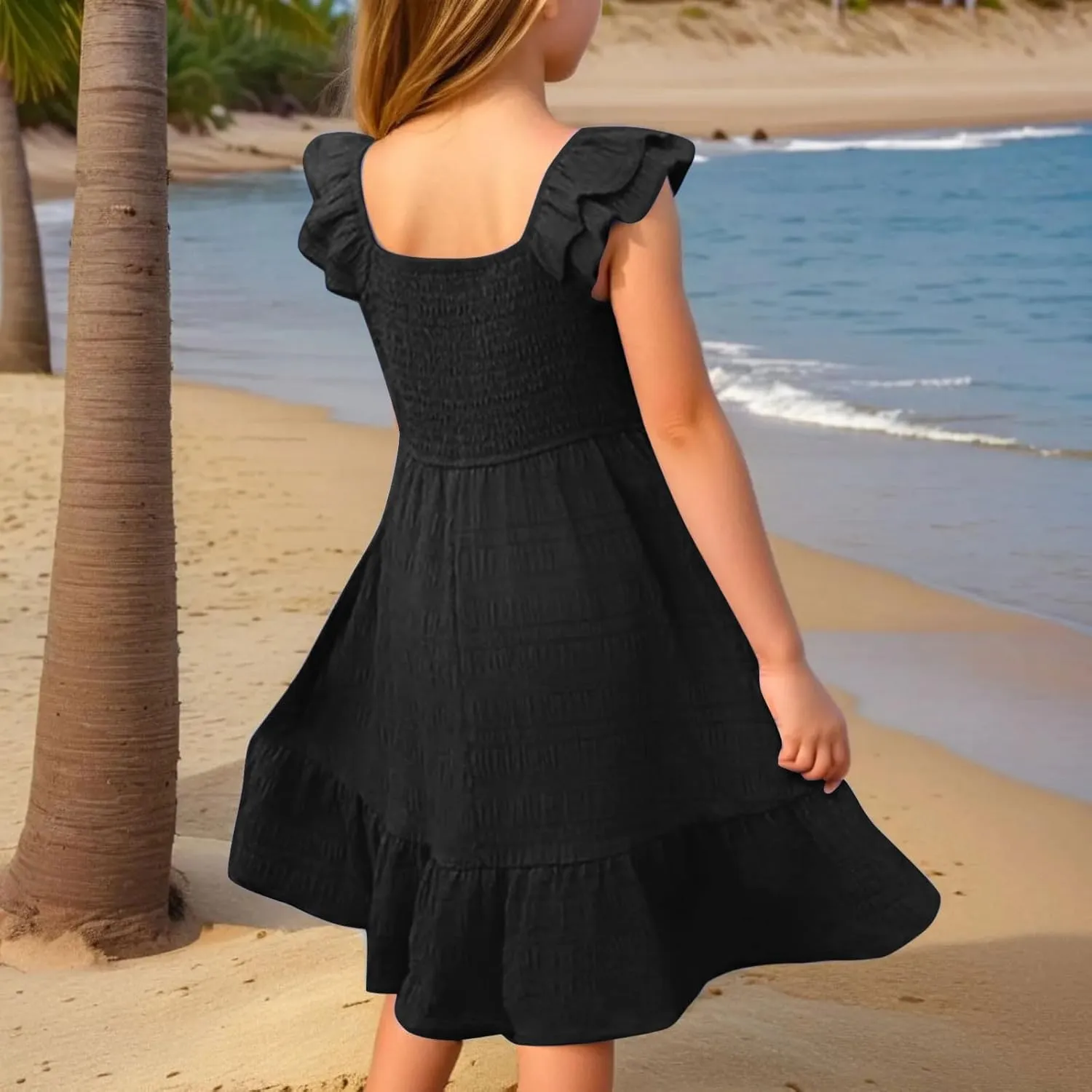 Teen Girls Dress Summer Flutter Sleeve Swing Dresses Summer Smocked Ruffle Mini Skirts Solid Color Tiered Sundress