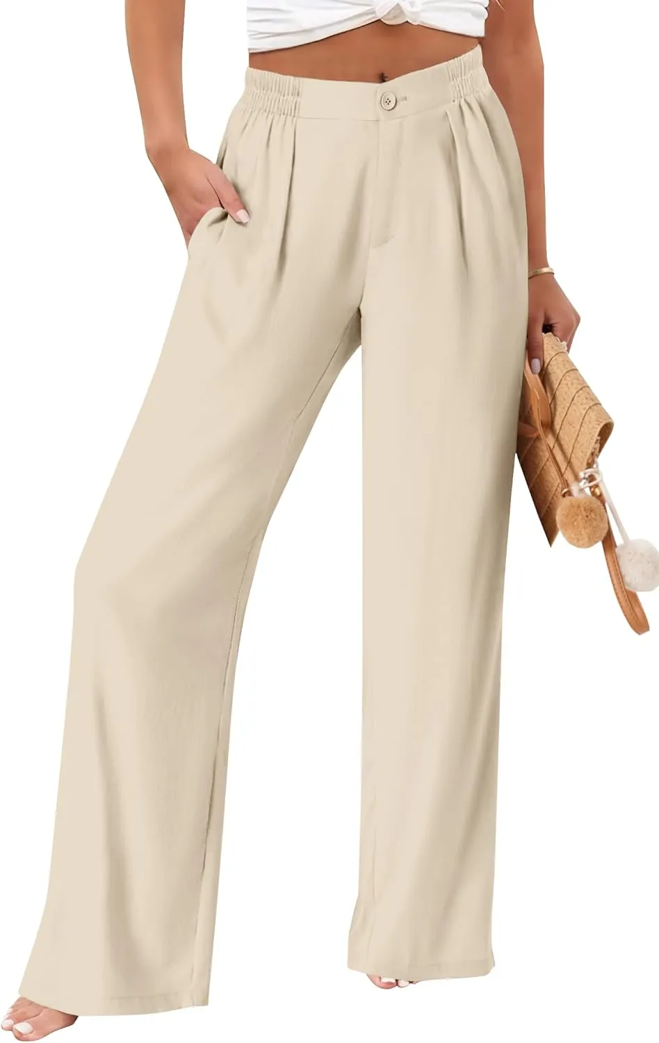 TOPYOGAS Womens Summer Linen Boho Wide Leg Casual Pants Palazzo Button High Waist Lounge Travel Vacation Outfits
