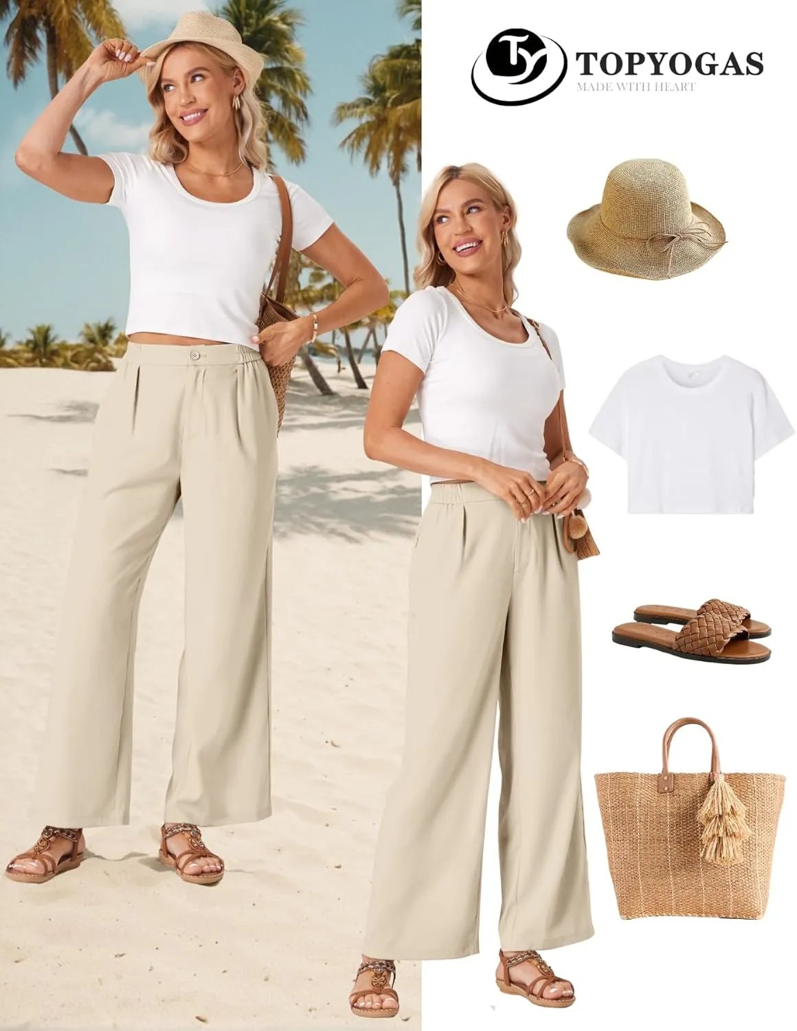 TOPYOGAS Womens Summer Linen Boho Wide Leg Casual Pants Palazzo Button High Waist Lounge Travel Vacation Outfits