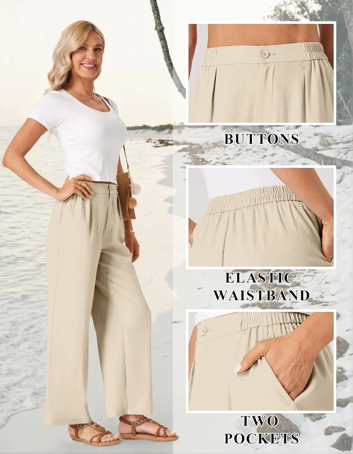 TOPYOGAS Womens Summer Linen Boho Wide Leg Casual Pants Palazzo Button High Waist Lounge Travel Vacation Outfits