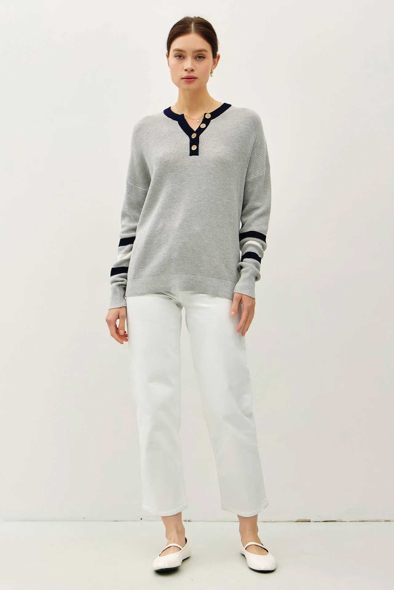 TREE STRIPED LONG SLEEVE WAFFLE KNIT HENLEY SWEATER