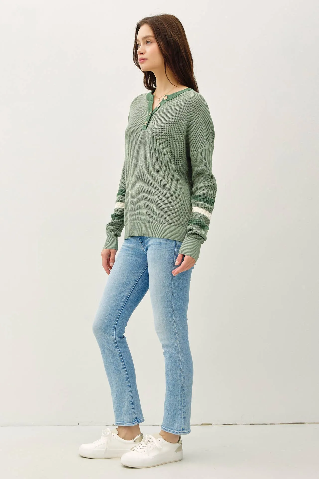 TREE STRIPED LONG SLEEVE WAFFLE KNIT HENLEY SWEATER