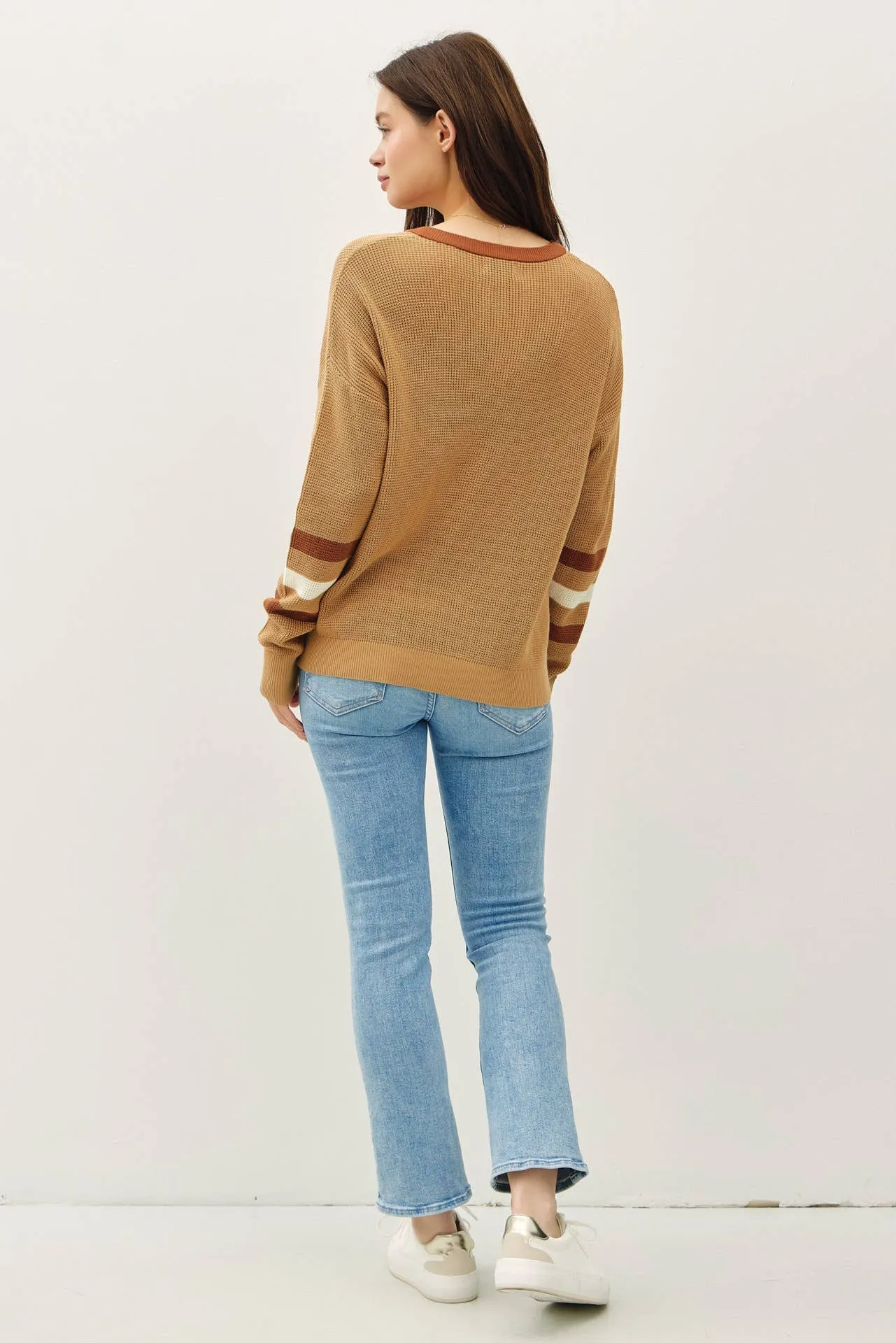 TREE STRIPED LONG SLEEVE WAFFLE KNIT HENLEY SWEATER
