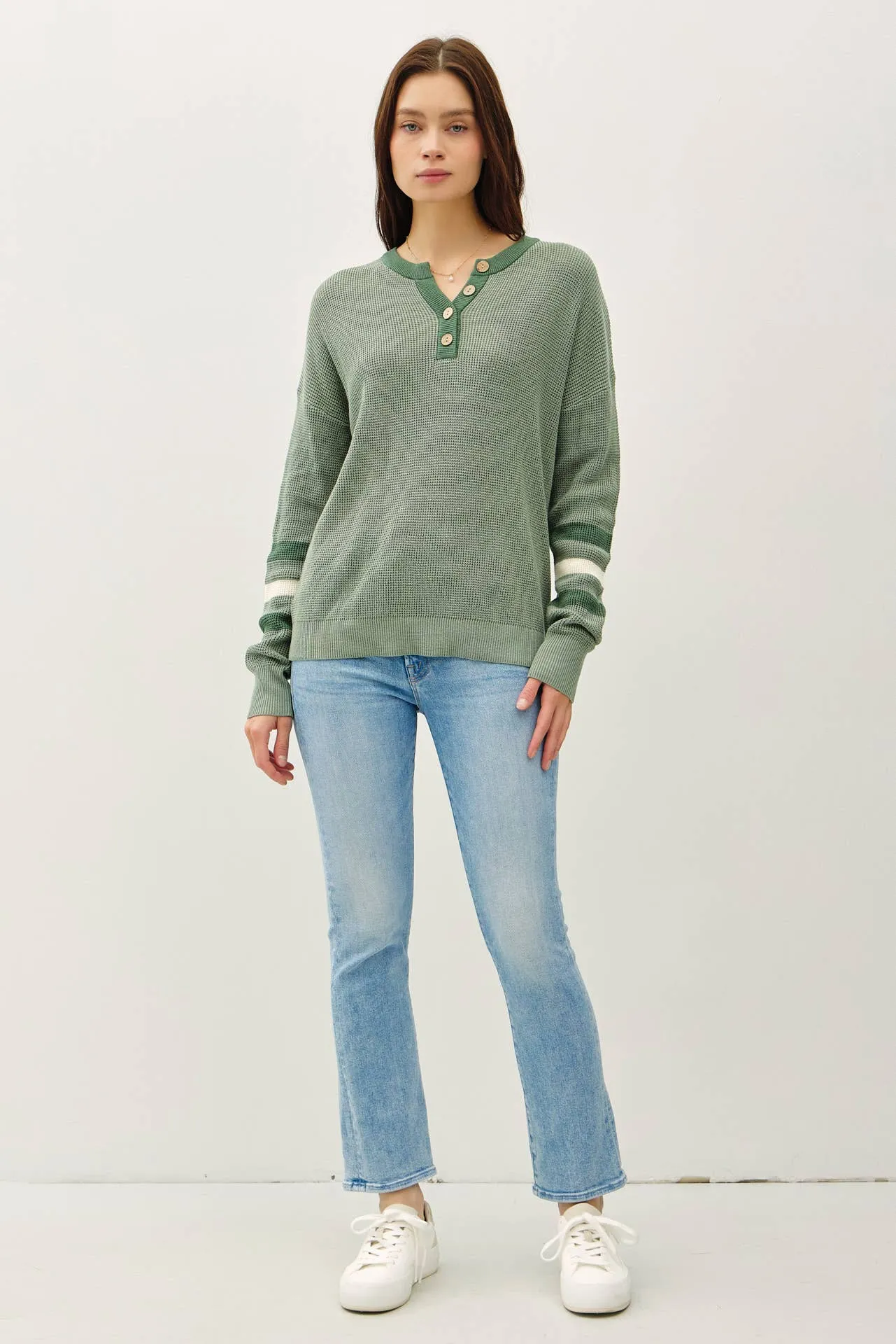 TREE STRIPED LONG SLEEVE WAFFLE KNIT HENLEY SWEATER
