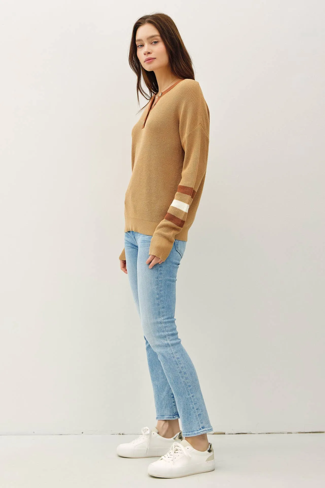 TREE STRIPED LONG SLEEVE WAFFLE KNIT HENLEY SWEATER