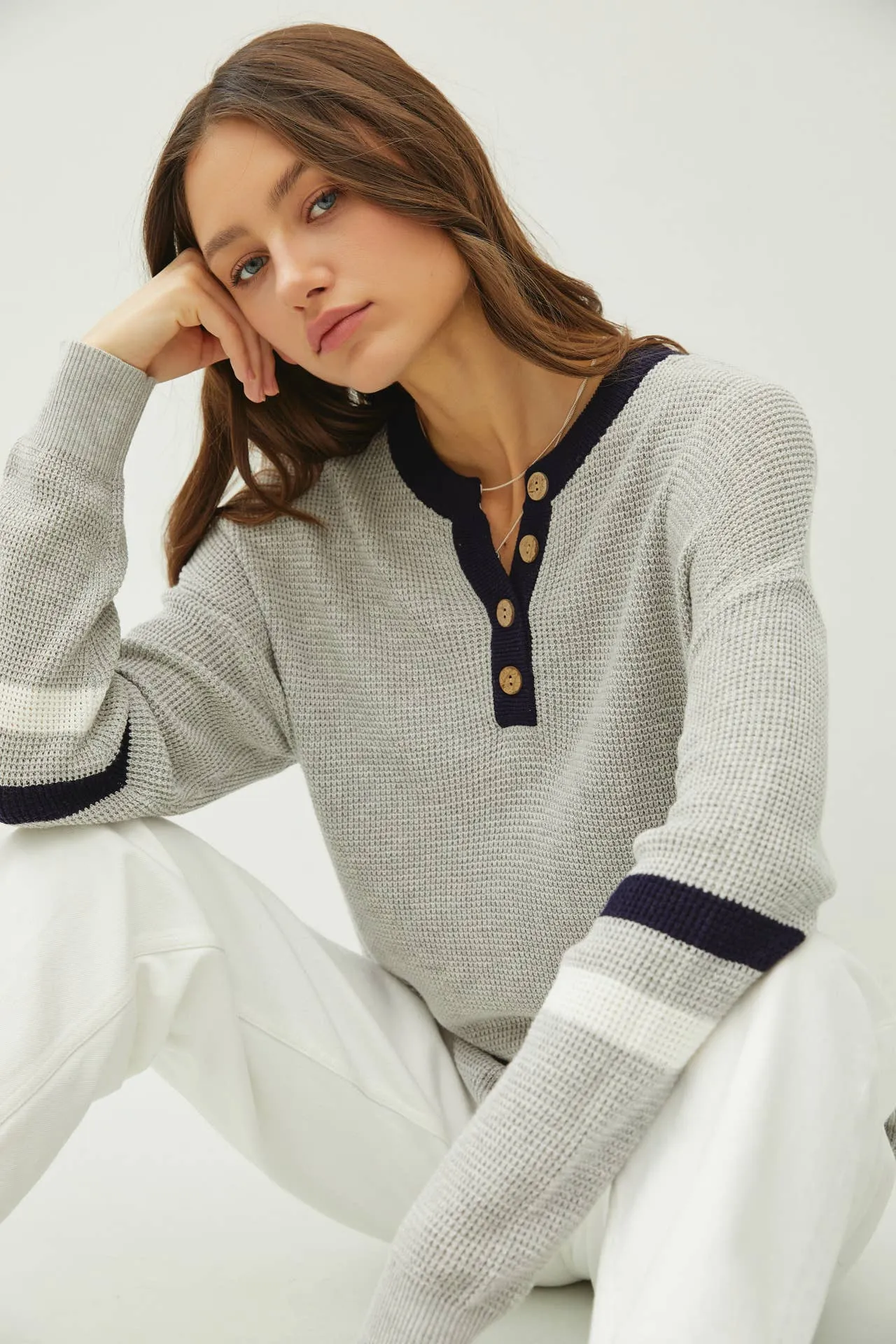 TREE STRIPED LONG SLEEVE WAFFLE KNIT HENLEY SWEATER