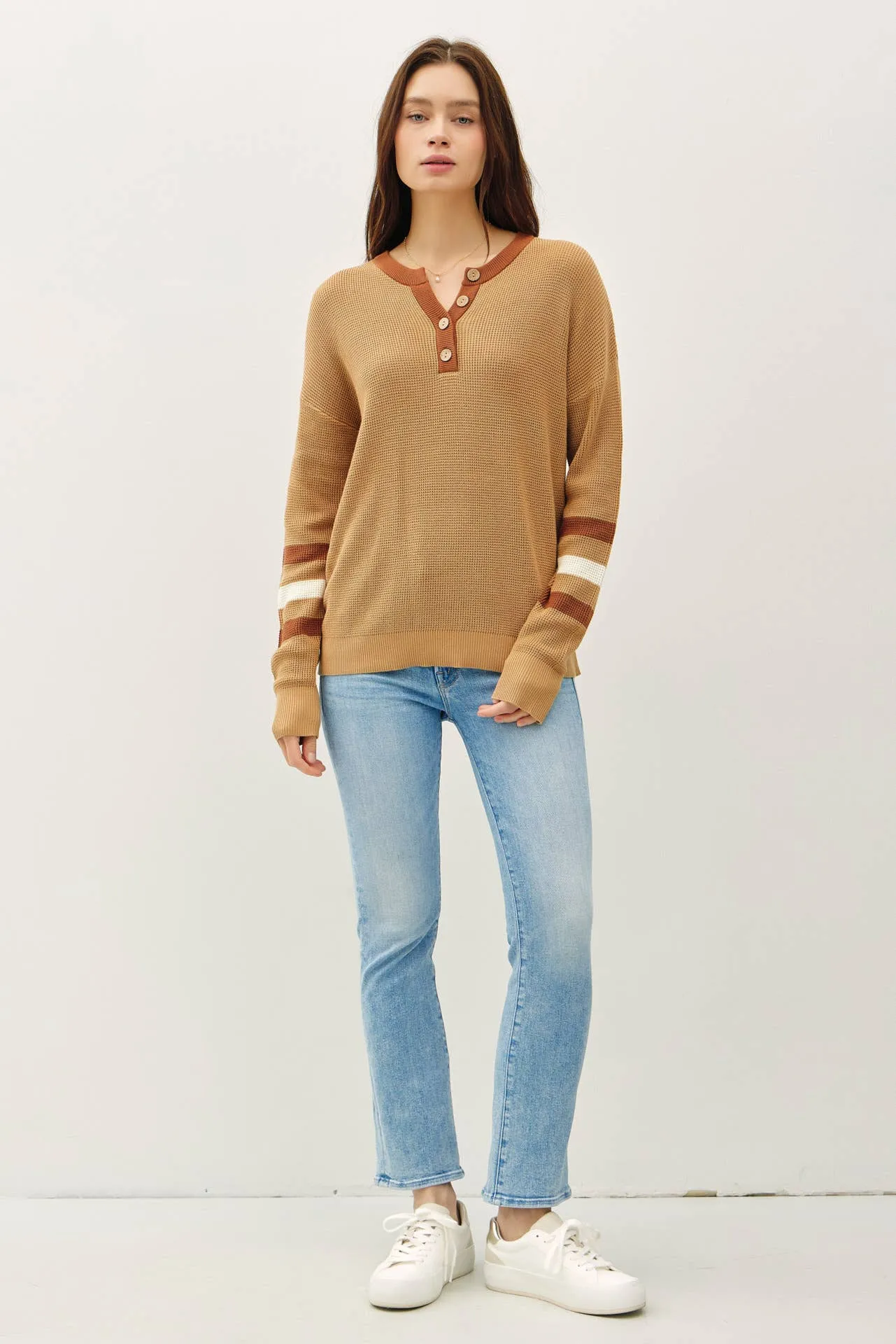 TREE STRIPED LONG SLEEVE WAFFLE KNIT HENLEY SWEATER