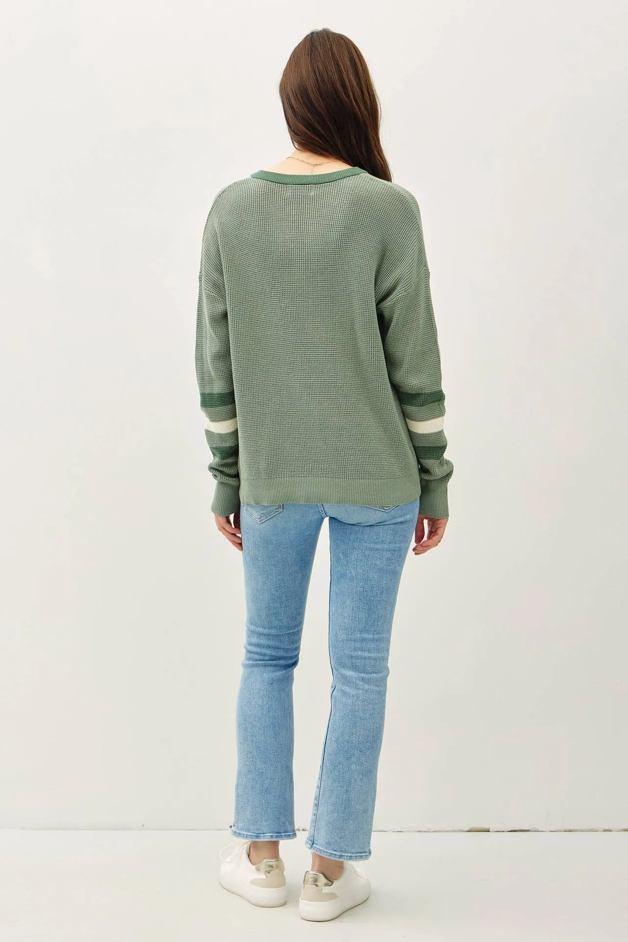 TREE STRIPED LONG SLEEVE WAFFLE KNIT HENLEY SWEATER