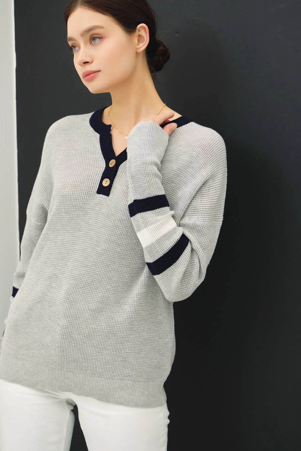 TREE STRIPED LONG SLEEVE WAFFLE KNIT HENLEY SWEATER