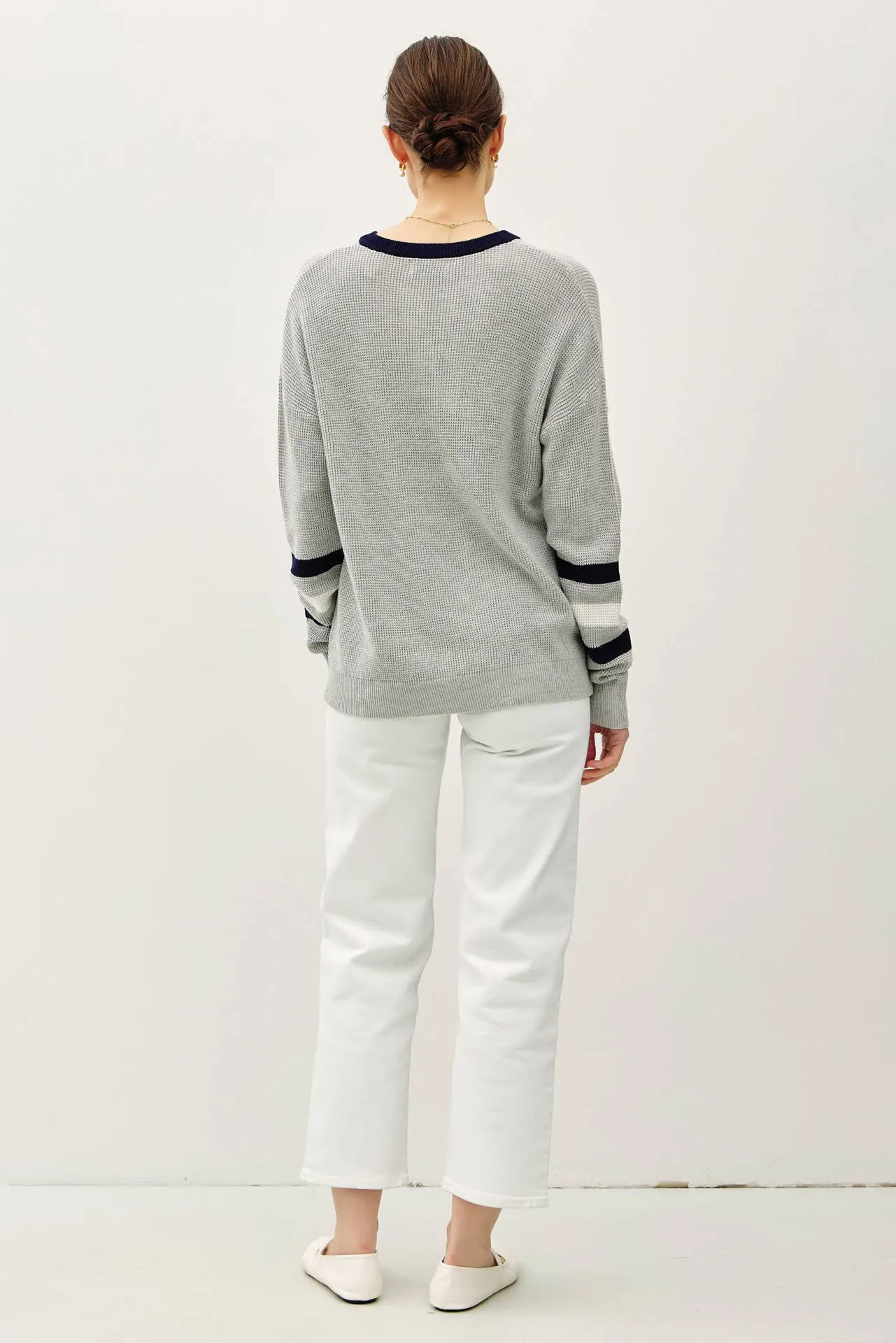 TREE STRIPED LONG SLEEVE WAFFLE KNIT HENLEY SWEATER
