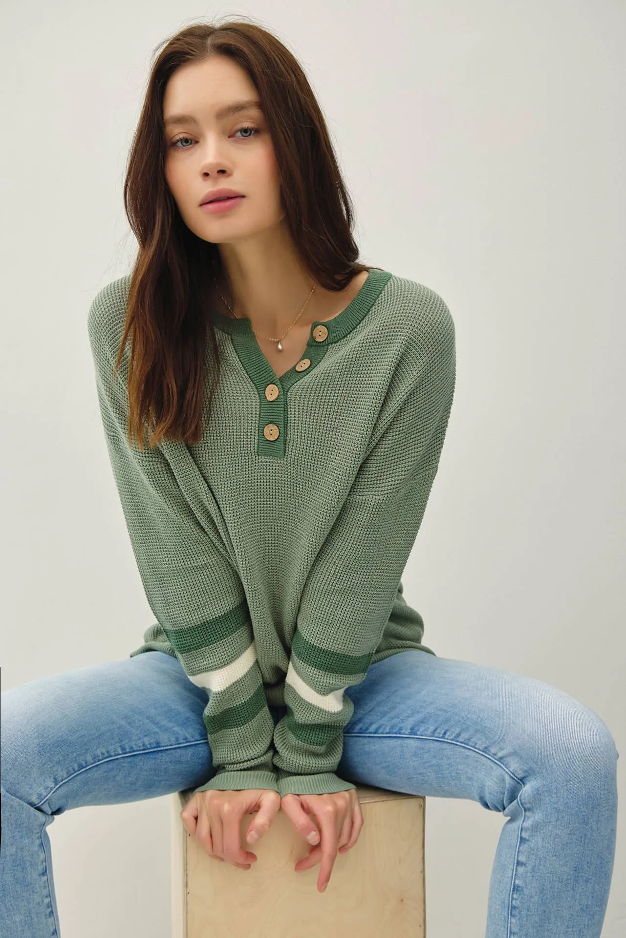 TREE STRIPED LONG SLEEVE WAFFLE KNIT HENLEY SWEATER