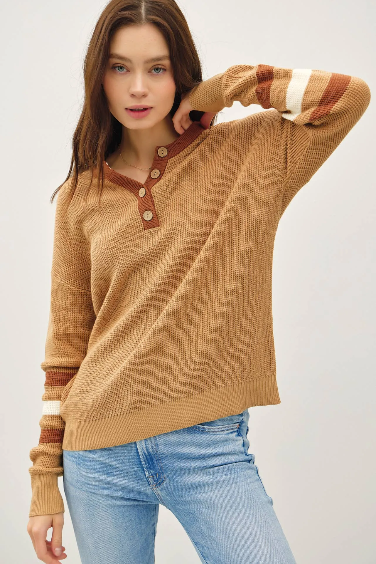 TREE STRIPED LONG SLEEVE WAFFLE KNIT HENLEY SWEATER