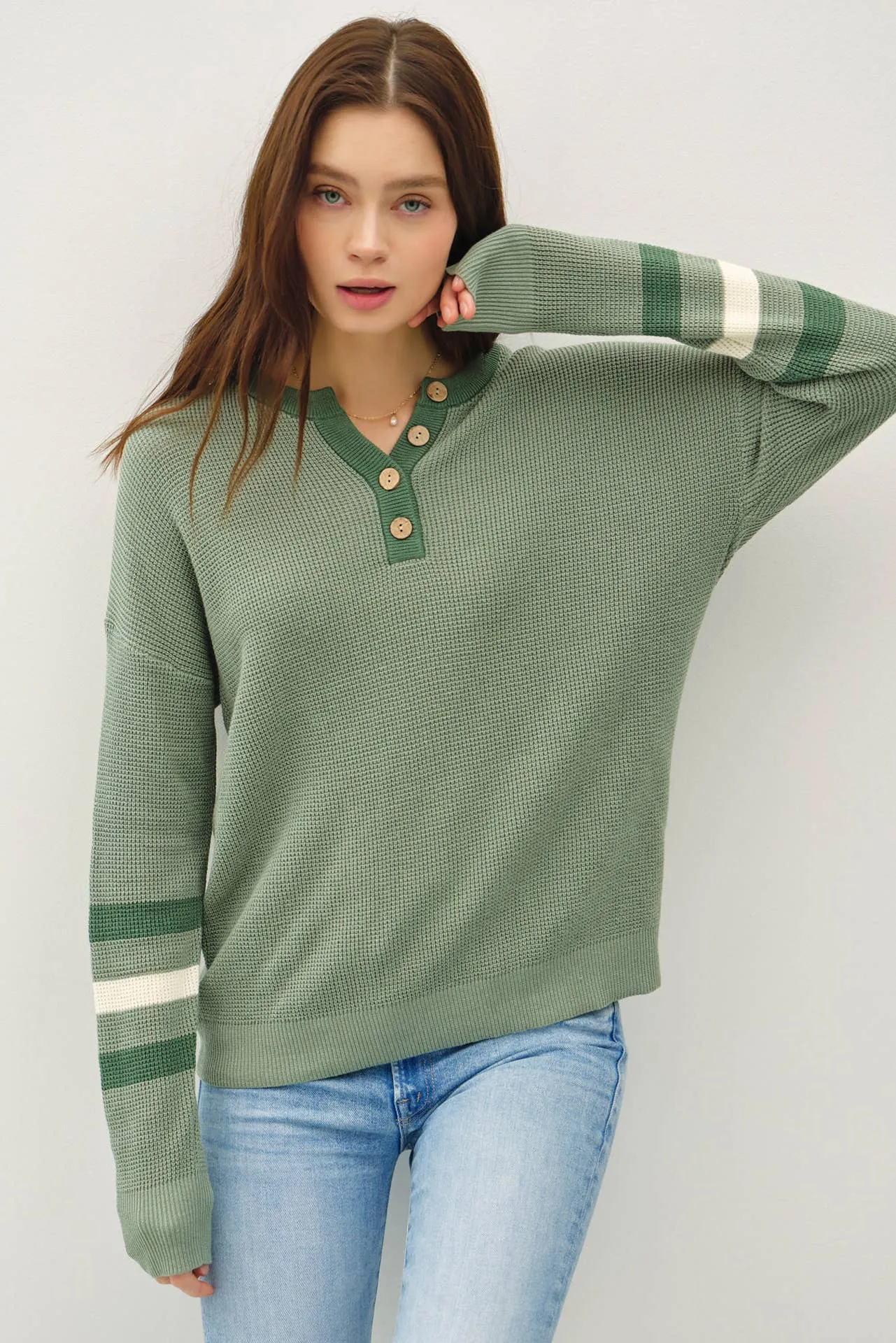 TREE STRIPED LONG SLEEVE WAFFLE KNIT HENLEY SWEATER