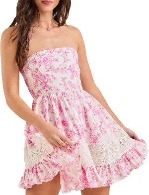 Tube Top Dress for Women Summer Strapless Floral Mini Dresses Off The Shoudle Ruffle Beach Dress