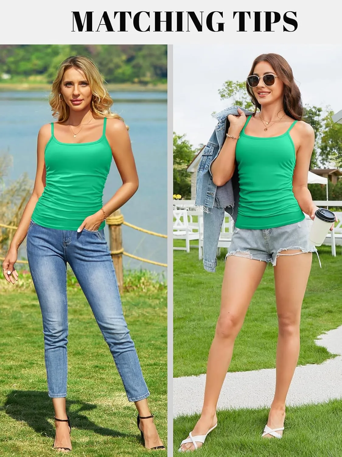 V FOR CITY Ribbed Camisole Tops for Women with Built-in Bra Adjustable Straps Cami Scoop Neck Side Ruched Layering Tanks