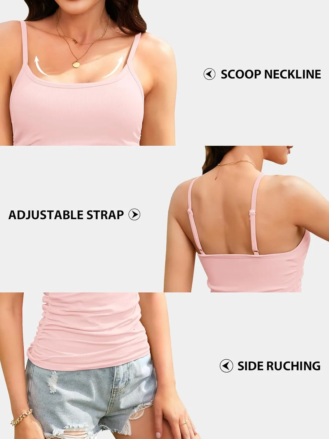 V FOR CITY Ribbed Camisole Tops for Women with Built-in Bra Adjustable Straps Cami Scoop Neck Side Ruched Layering Tanks