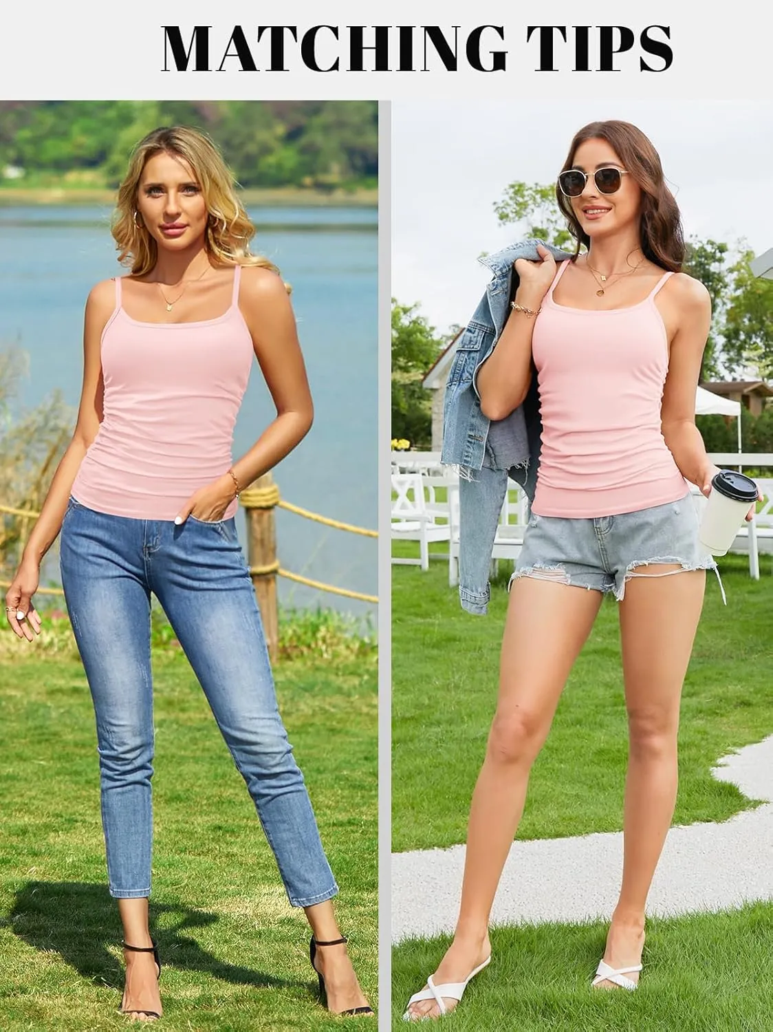 V FOR CITY Ribbed Camisole Tops for Women with Built-in Bra Adjustable Straps Cami Scoop Neck Side Ruched Layering Tanks
