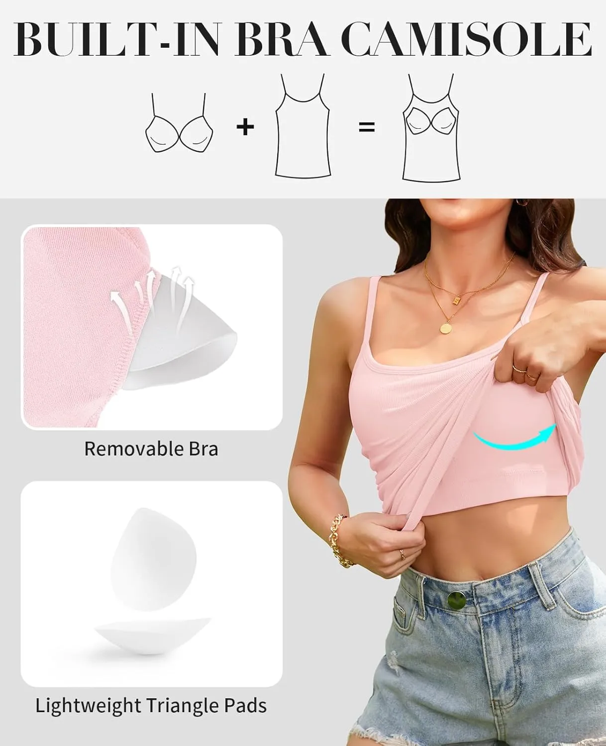 V FOR CITY Ribbed Camisole Tops for Women with Built-in Bra Adjustable Straps Cami Scoop Neck Side Ruched Layering Tanks