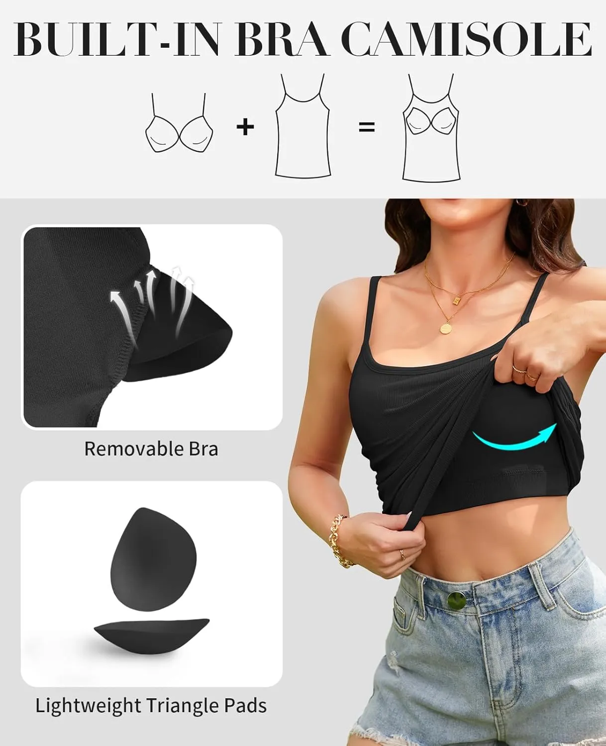 V FOR CITY Ribbed Camisole Tops for Women with Built-in Bra Adjustable Straps Cami Scoop Neck Side Ruched Layering Tanks