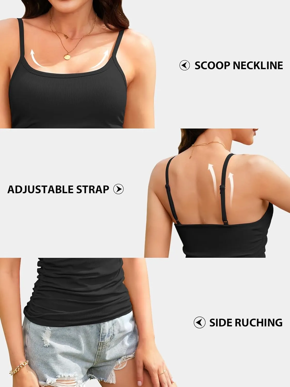 V FOR CITY Ribbed Camisole Tops for Women with Built-in Bra Adjustable Straps Cami Scoop Neck Side Ruched Layering Tanks