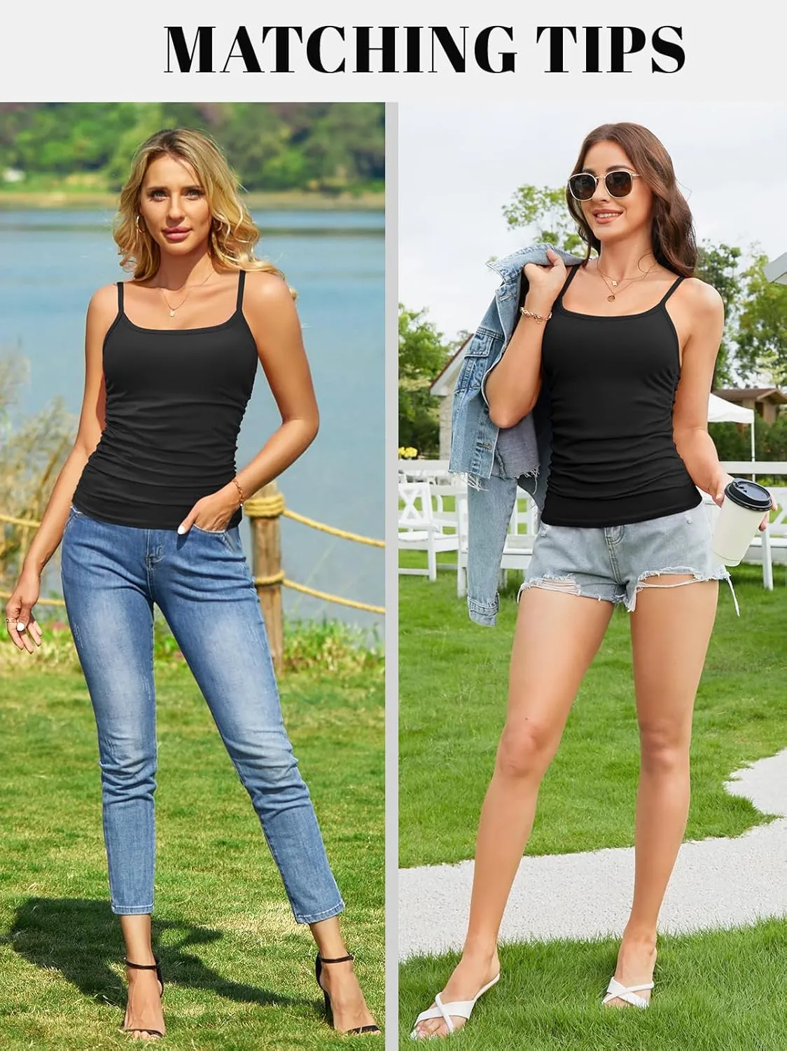 V FOR CITY Ribbed Camisole Tops for Women with Built-in Bra Adjustable Straps Cami Scoop Neck Side Ruched Layering Tanks