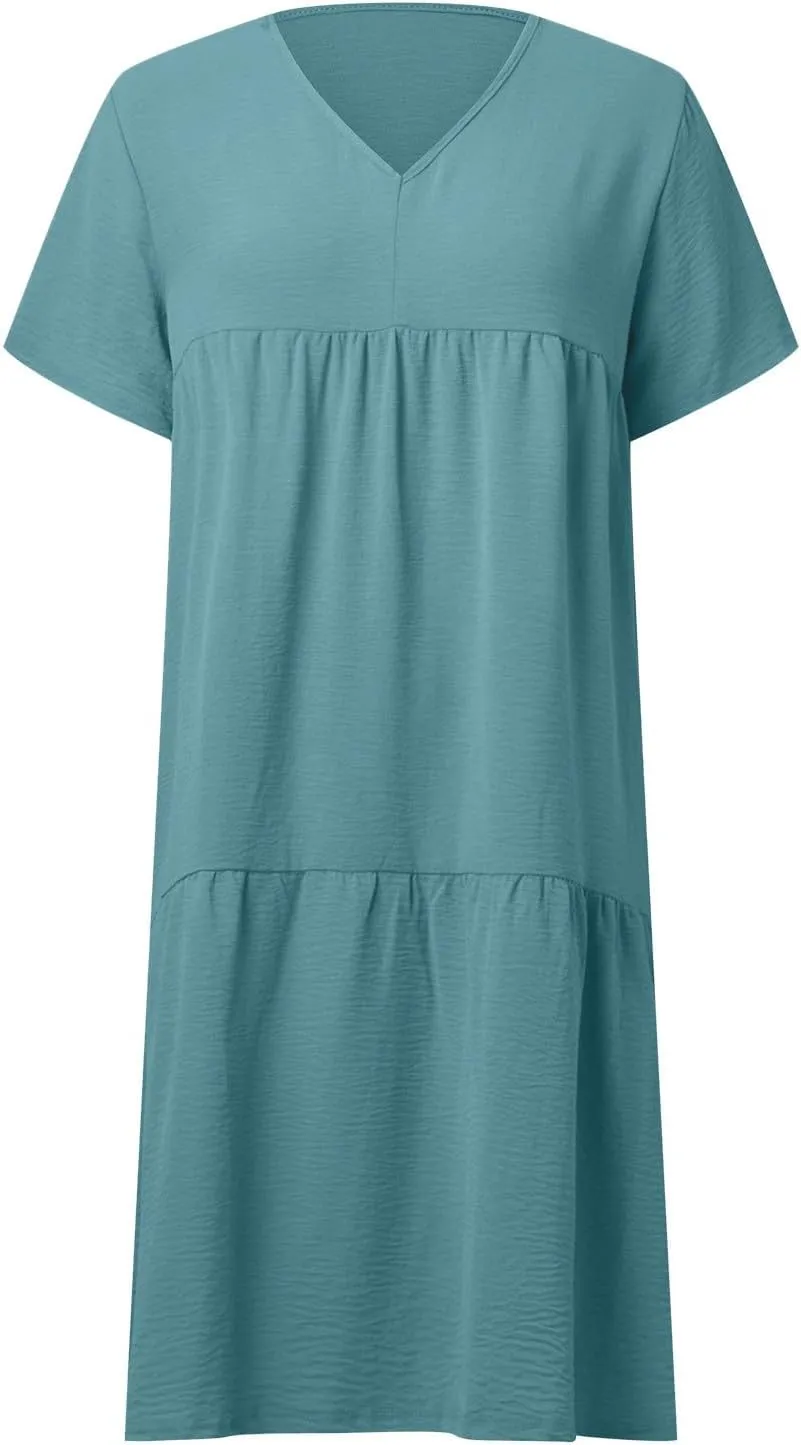 V-Neck Tea Length Dresses T Shirt Midi Dress Summer Casual Loose Sundress Beach Vacation Sundresses Plus Size