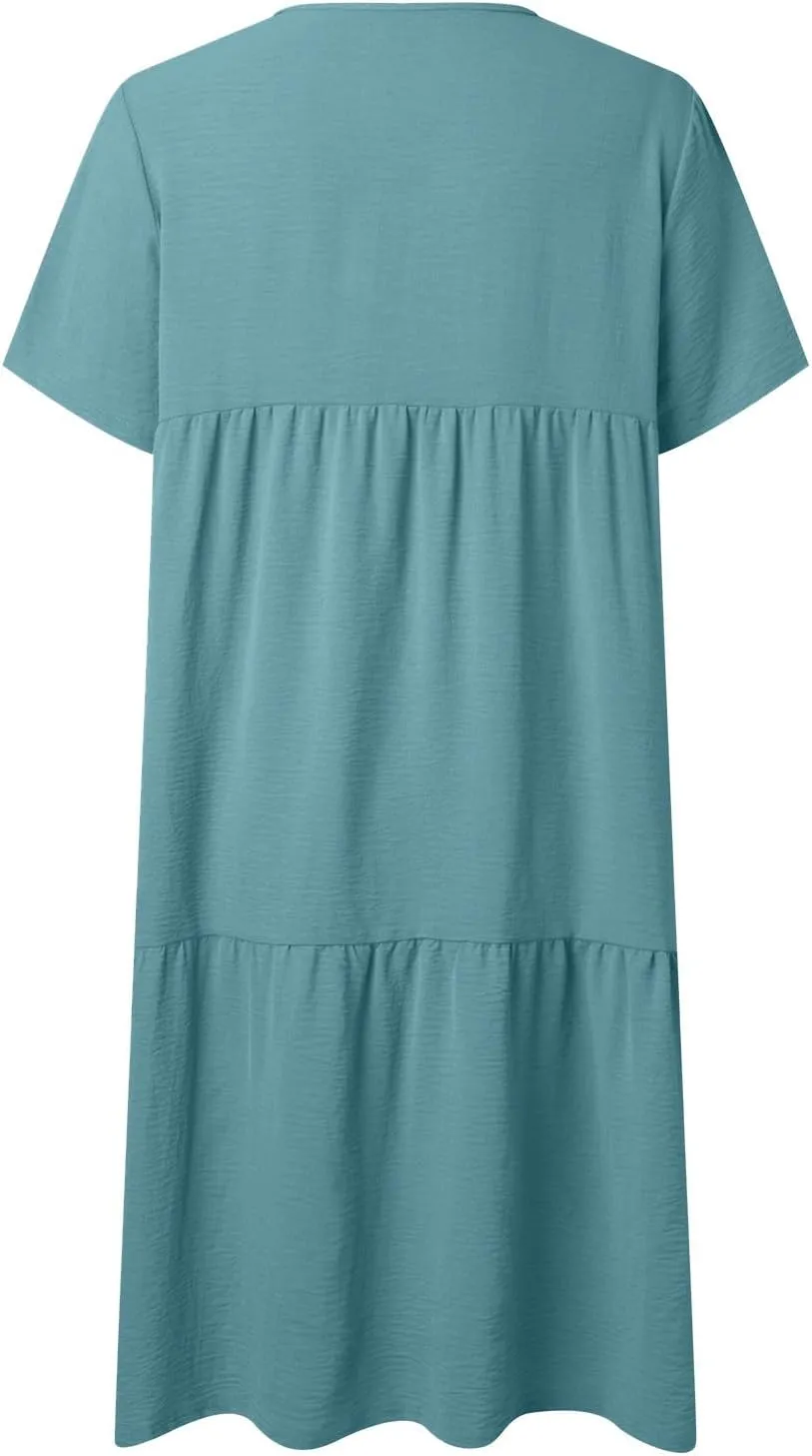 V-Neck Tea Length Dresses T Shirt Midi Dress Summer Casual Loose Sundress Beach Vacation Sundresses Plus Size