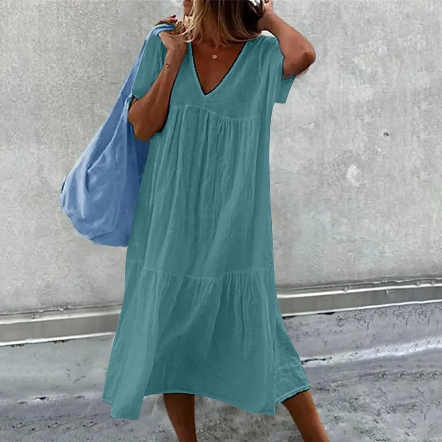 V-Neck Tea Length Dresses T Shirt Midi Dress Summer Casual Loose Sundress Beach Vacation Sundresses Plus Size