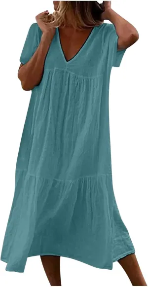 V-Neck Tea Length Dresses T Shirt Midi Dress Summer Casual Loose Sundress Beach Vacation Sundresses Plus Size