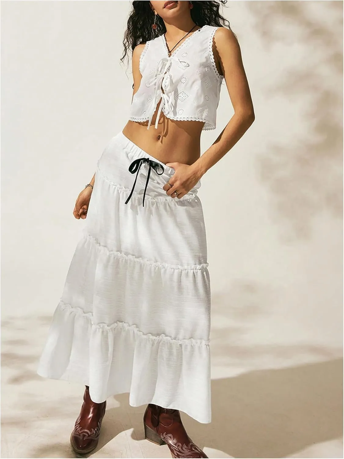 Verdusa Women's Flowy Flared Ruffle Boho Long Skirt Summer Maxi Skirt