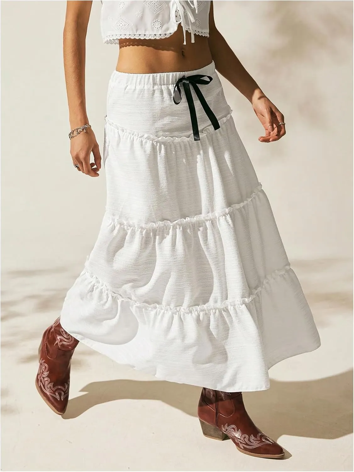 Verdusa Women's Flowy Flared Ruffle Boho Long Skirt Summer Maxi Skirt