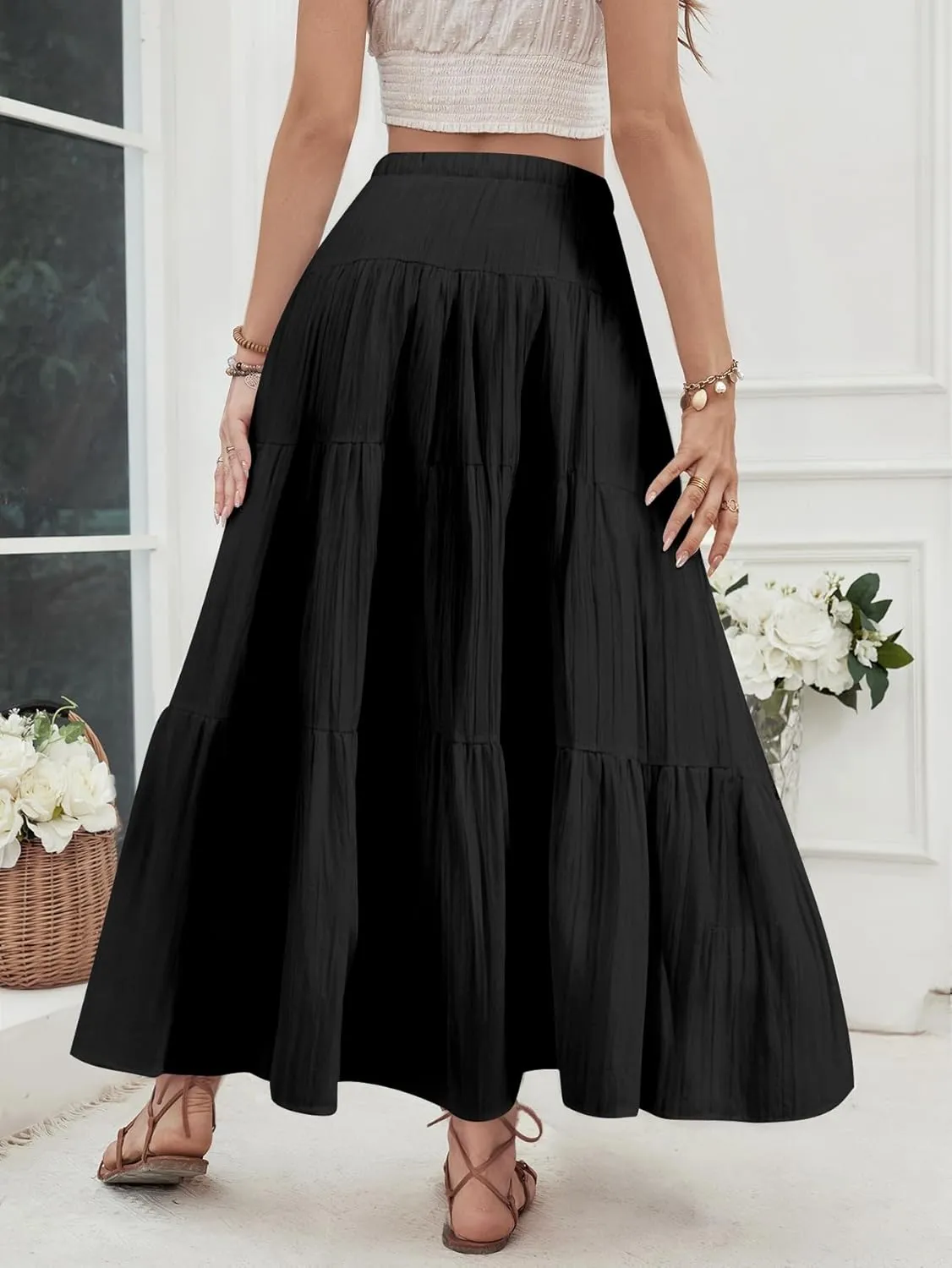 Verdusa Women's Flowy Flared Ruffle Boho Long Skirt Summer Maxi Skirt