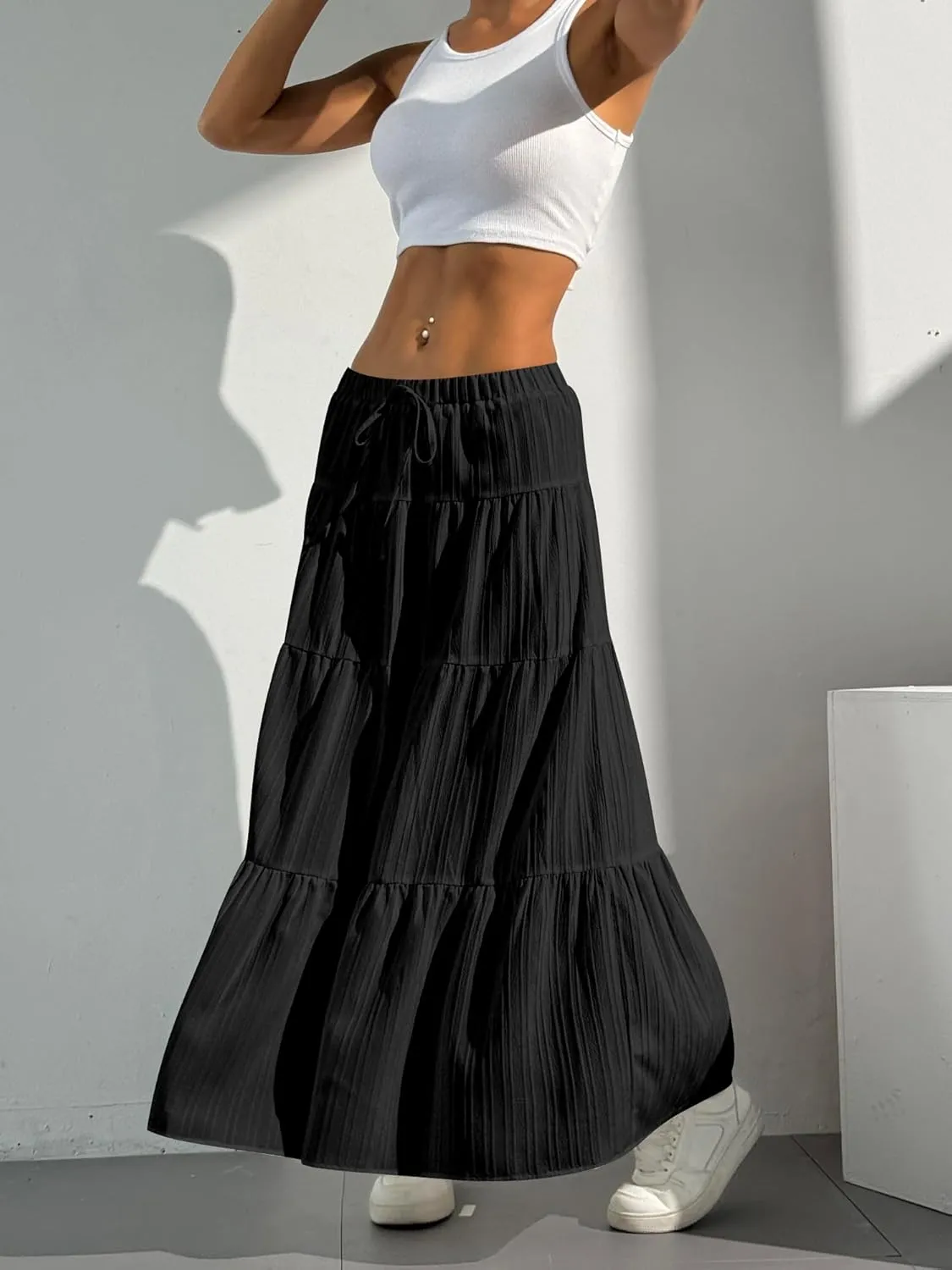 Verdusa Women's Flowy Flared Ruffle Boho Long Skirt Summer Maxi Skirt