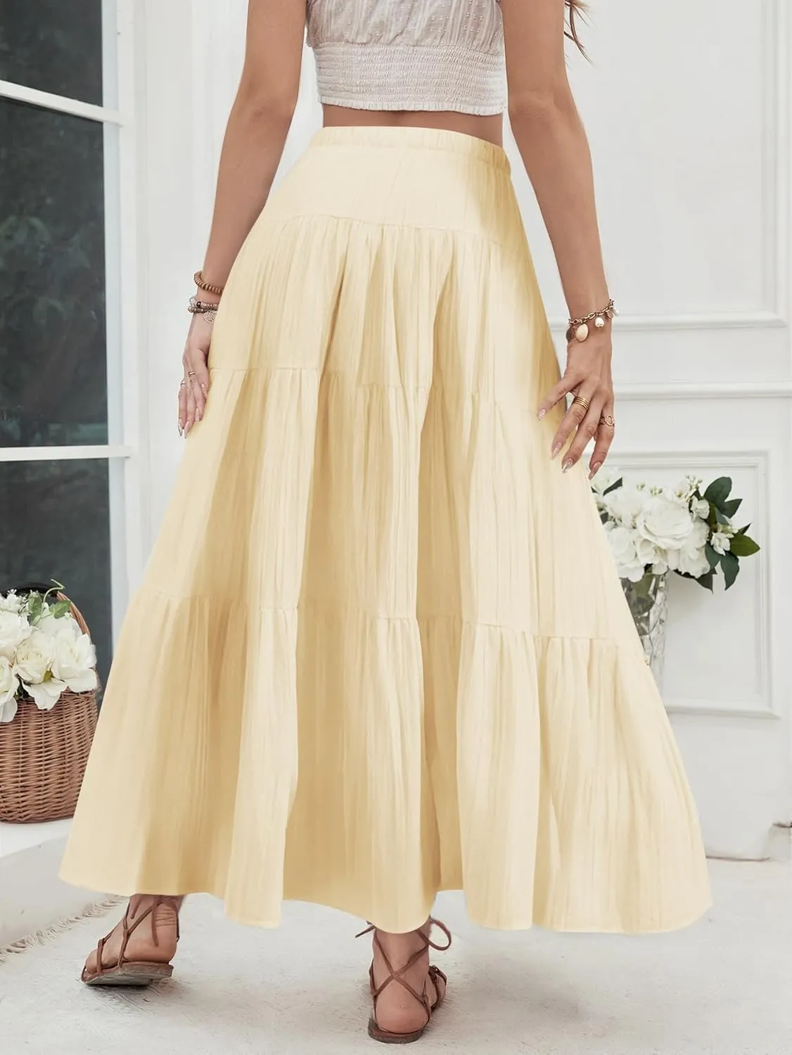 Verdusa Women's Flowy Flared Ruffle Boho Long Skirt Summer Maxi Skirt