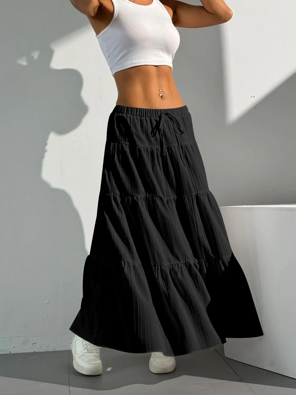 Verdusa Women's Flowy Flared Ruffle Boho Long Skirt Summer Maxi Skirt