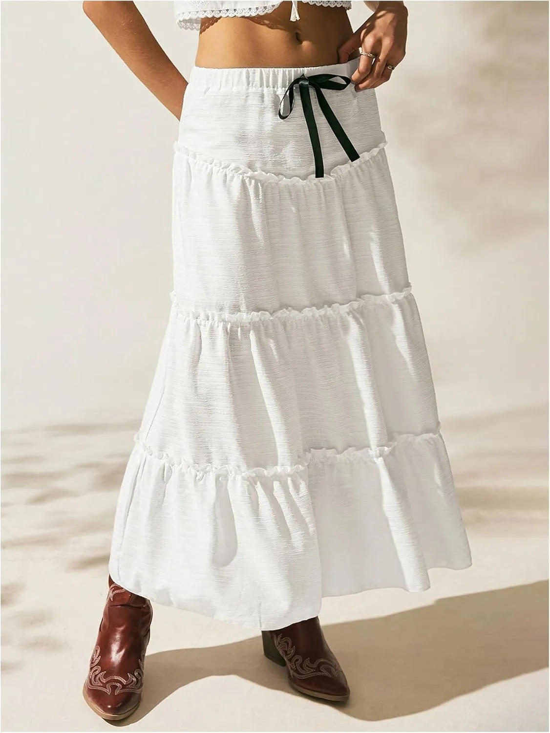 Verdusa Women's Flowy Flared Ruffle Boho Long Skirt Summer Maxi Skirt