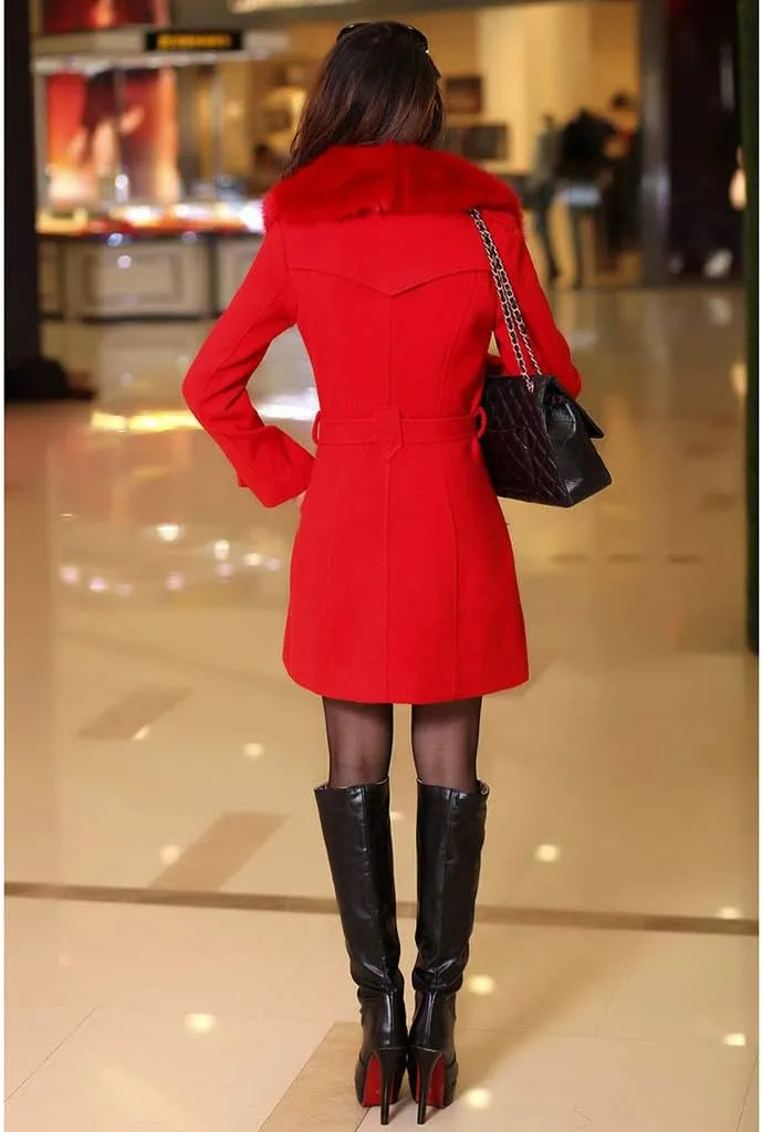 watersouprty Women's Faux Fur Lapel Double-Breasted Thick Long Wool Trench Coat Jacket
