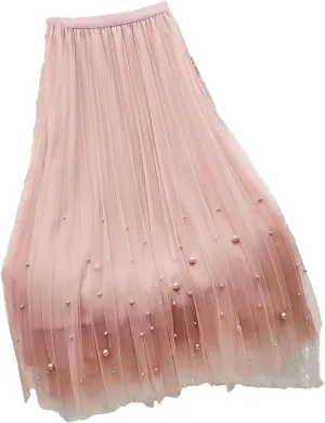Wjnvfioo Women Mesh Plested Skirts Midi Skirt Female Spring High Waist Mid-Calf Skirts