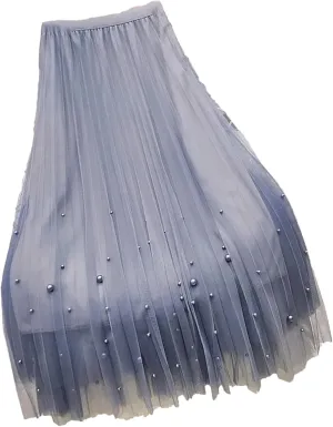 Wjnvfioo Women Mesh Plested Skirts Midi Skirt Female Spring High Waist Mid-Calf Skirts