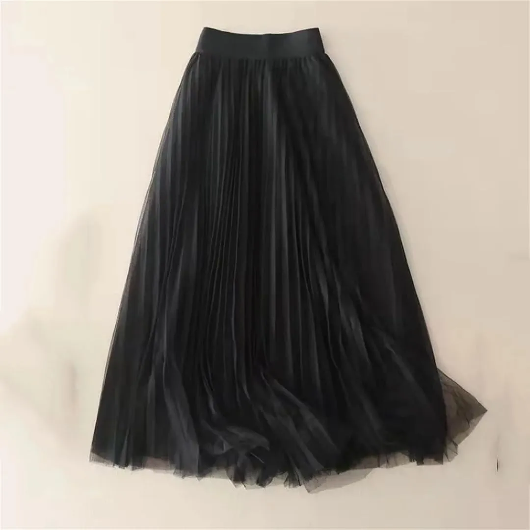 Wjnvfioo Women Summer Solid Color Pleated Mesh Skirt High Waisted Shirring Slim Casual Korean Lady Midi Skirts