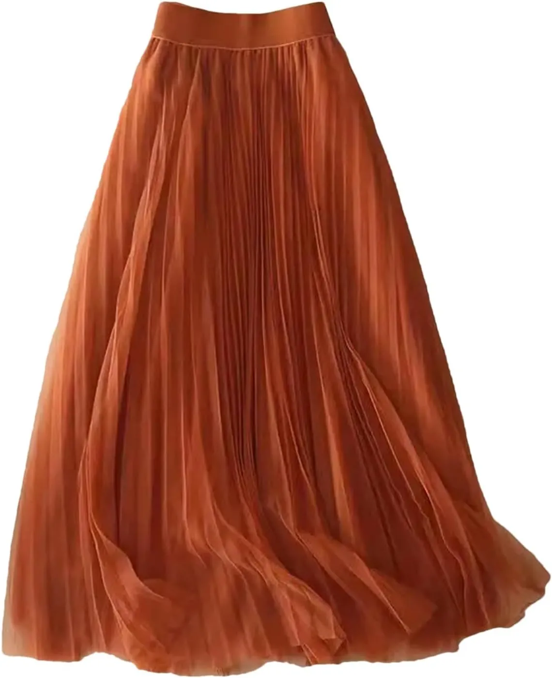 Wjnvfioo Women Summer Solid Color Pleated Mesh Skirt High Waisted Shirring Slim Casual Korean Lady Midi Skirts
