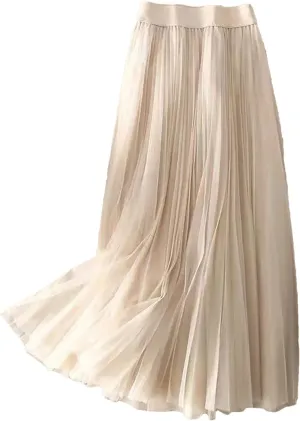 Wjnvfioo Women Summer Solid Color Pleated Mesh Skirt High Waisted Shirring Slim Casual Korean Lady Midi Skirts