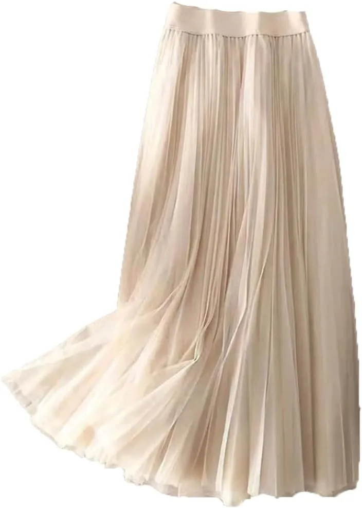 Wjnvfioo Women Summer Solid Color Pleated Mesh Skirt High Waisted Shirring Slim Casual Korean Lady Midi Skirts