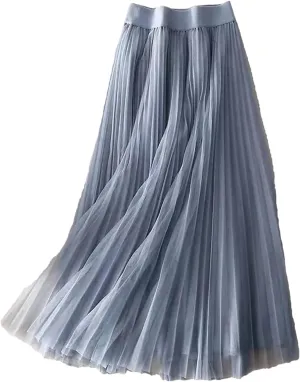 Wjnvfioo Women Summer Solid Color Pleated Mesh Skirt High Waisted Shirring Slim Casual Korean Lady Midi Skirts