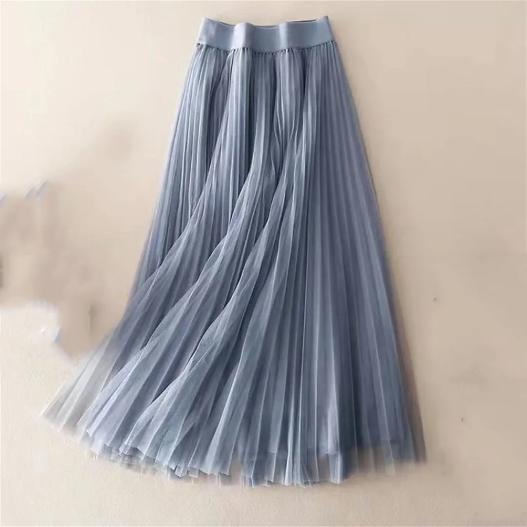 Wjnvfioo Women Summer Solid Color Pleated Mesh Skirt High Waisted Shirring Slim Casual Korean Lady Midi Skirts