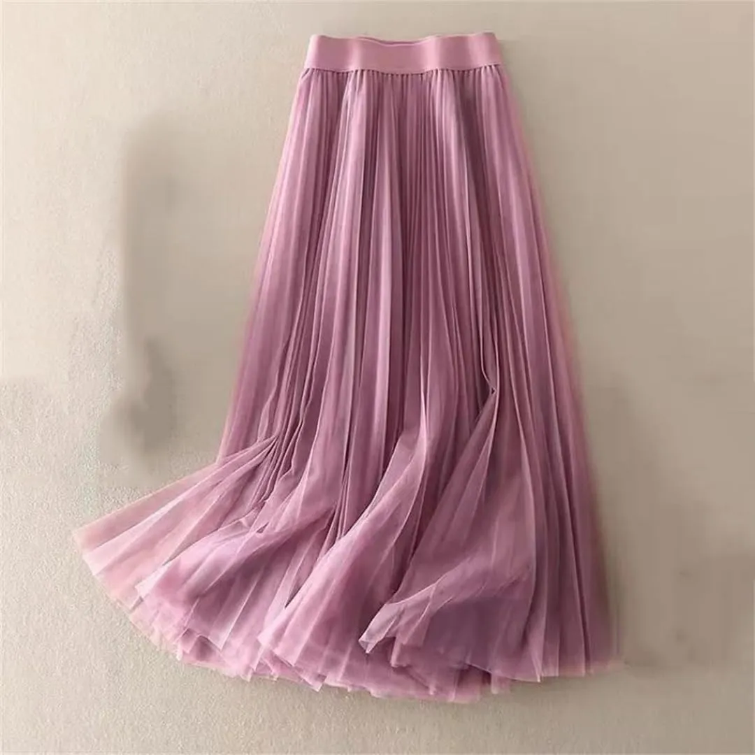 Wjnvfioo Women Summer Solid Color Pleated Mesh Skirt High Waisted Shirring Slim Casual Korean Lady Midi Skirts