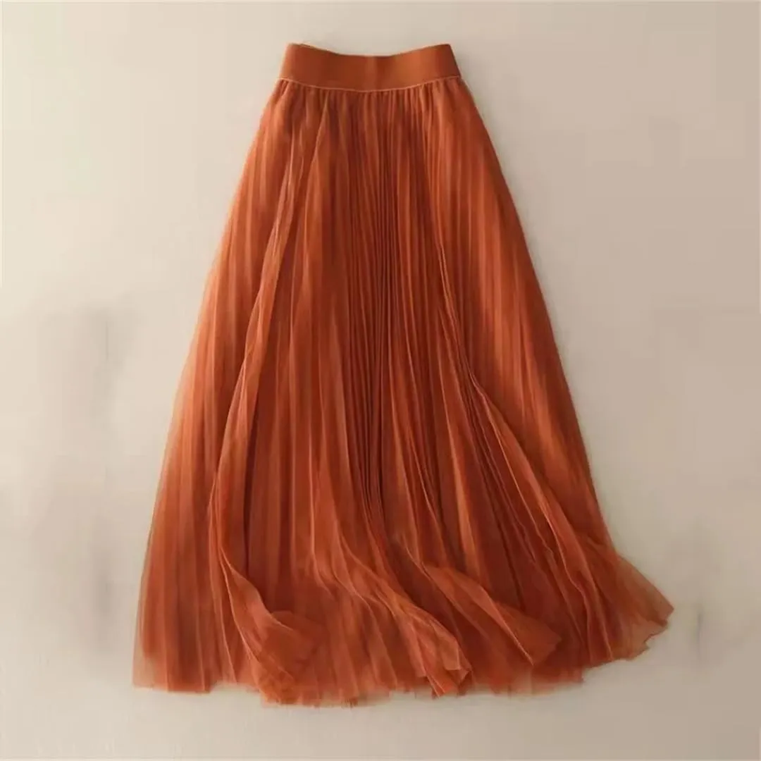 Wjnvfioo Women Summer Solid Color Pleated Mesh Skirt High Waisted Shirring Slim Casual Korean Lady Midi Skirts