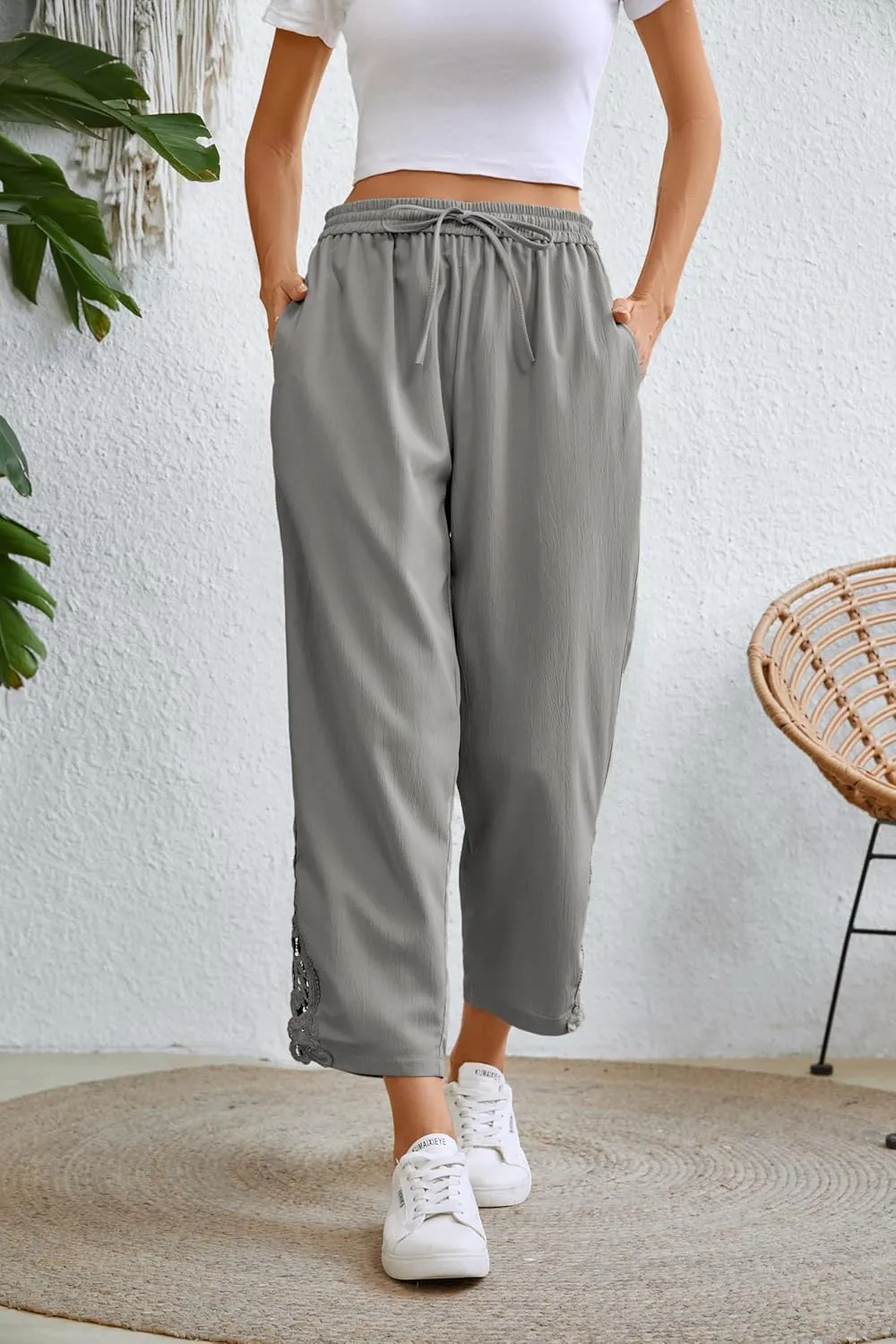 Women Fashion 2025 Casual Lightweight Drawstring Elastic Waist Pants with Pockets