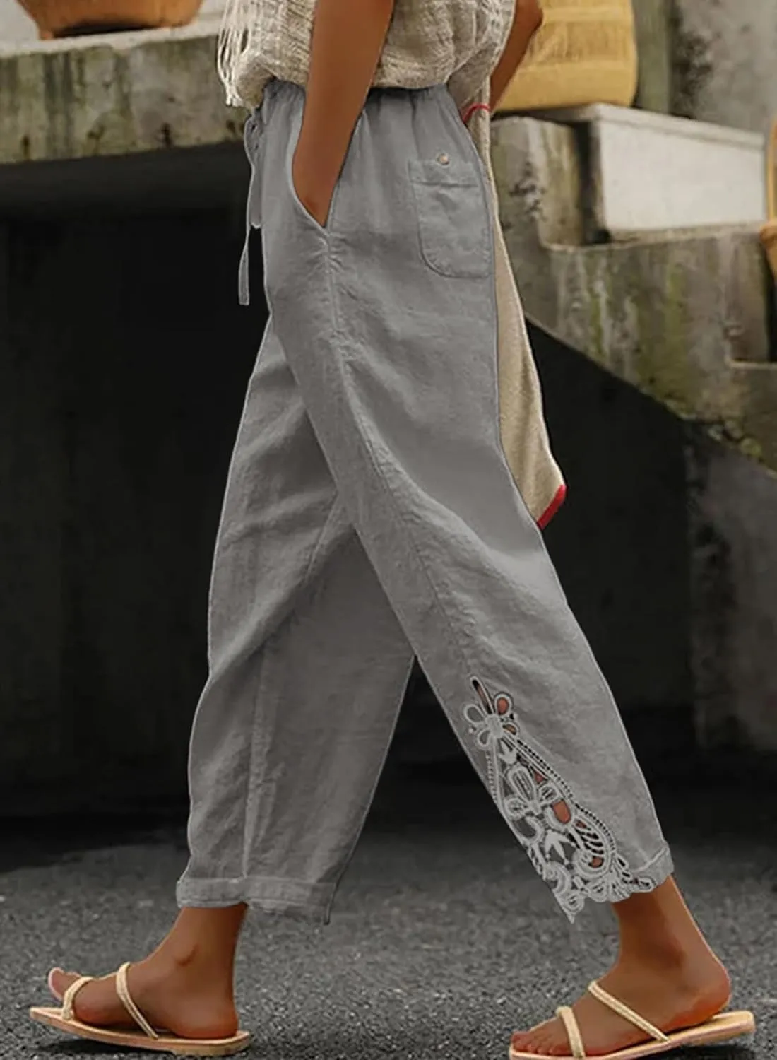 Women Fashion 2025 Casual Lightweight Drawstring Elastic Waist Pants with Pockets