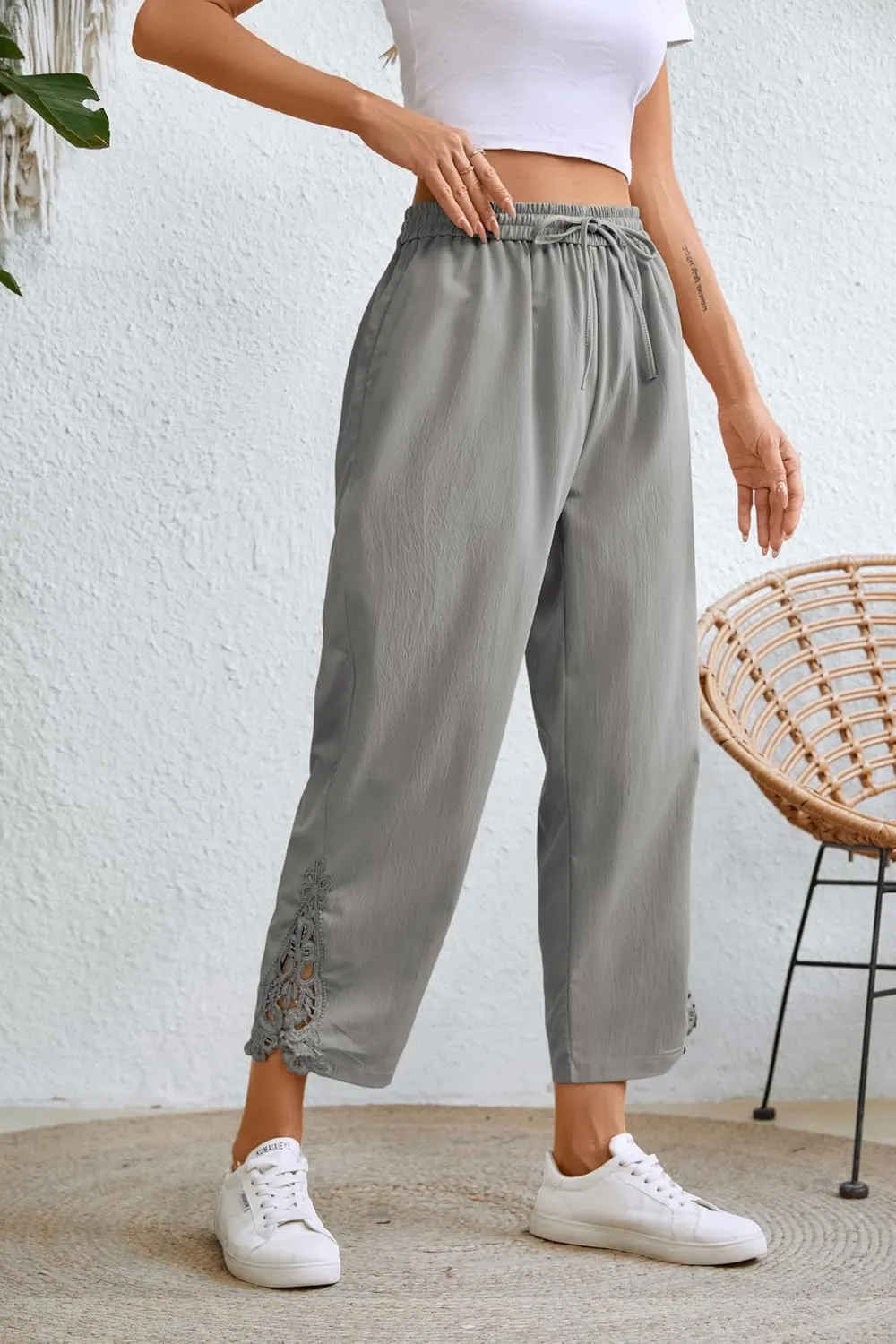 Women Fashion 2025 Casual Lightweight Drawstring Elastic Waist Pants with Pockets